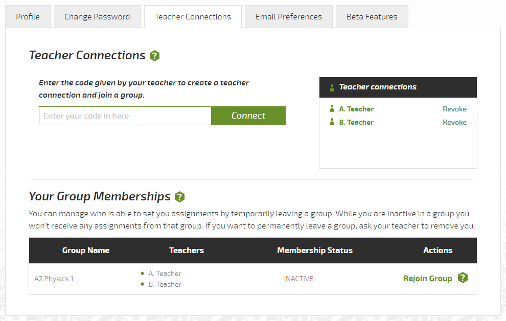 The new groups list on a student's Teacher Connections page.