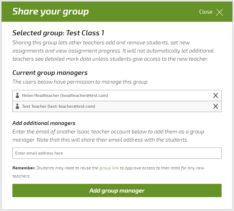 The new edit group manager interface, listing the names and emails of all teachers who manage the group.