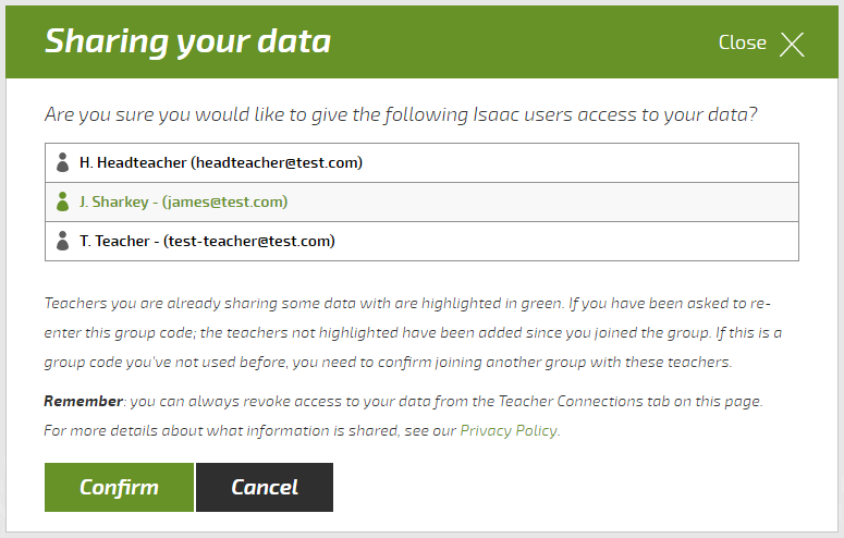 The new sharing confirmation dialogue box, listing the names and emails of all teachers who manage the group.