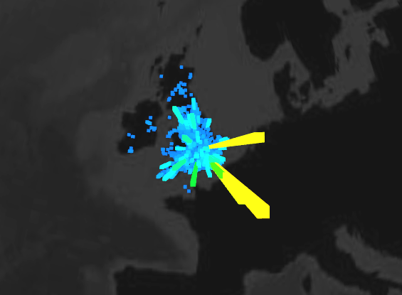 A screenshot of the WebGL globe, showing how many users at schools across the Britsh Isles.